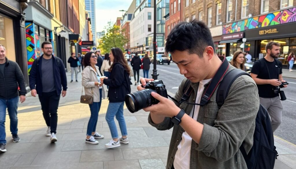 A dynamic street scene showcasing the performance of the Xiaomi 14 Ultra camera for street photography. In the foreground, a photographer in casual but professional attire is adjusting the camera settings, deeply focused on capturing the moment. The middle ground features vibrant street life, with diverse people walking, laughing, and interacting, showcasing urban culture. Bright natural lighting casts soft shadows, hinting at late afternoon sun, enhancing the colors of street art and shops. The background reveals a bustling cityscape with iconic architecture, providing an engaging atmosphere. The overall mood is energetic and lively, highlighting the potential of the Xiaomi 14 Ultra camera in dynamic environments.