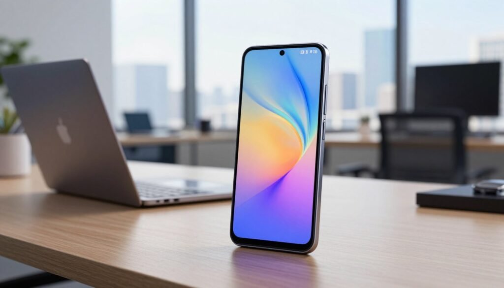 A sleek and modern Samsung Galaxy M series smartphone placed prominently in the foreground, showcasing its shimmering display and vibrant colors. The device is angled to highlight its thin profile and innovative design. In the middle ground, a dynamic tech workspace features a softly glowing laptop, contemporary office furniture, and subtle electronic gadgets in the background, suggesting a high-performance environment. The lighting is bright and inviting, with soft shadows that accentuate the contours of the phone. A blurred cityscape can be seen through a large window in the background, adding depth to the scene. The overall atmosphere is one of cutting-edge technology and professional efficiency, capturing the essence of powerful performance with the latest processor. A sleek and modern Samsung Galaxy M series smartphone placed prominently in the foreground, showcasing its shimmering display and vibrant colors. The device is angled to highlight its thin profile and innovative design. In the middle ground, a dynamic tech workspace features a softly glowing laptop, contemporary office furniture, and subtle electronic gadgets in the background, suggesting a high-performance environment. The lighting is bright and inviting, with soft shadows that accentuate the contours of the phone. A blurred cityscape can be seen through a large window in the background, adding depth to the scene. The overall atmosphere is one of cutting-edge technology and professional efficiency, capturing the essence of powerful performance with the latest processor.