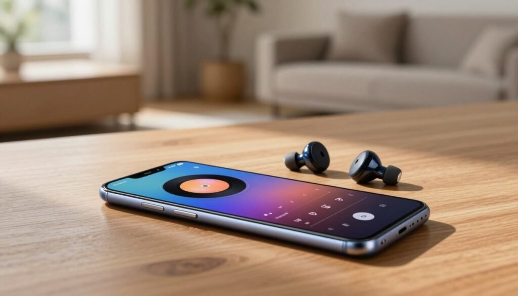 A sleek, modern Vivo smartphone lies on a wooden table, showcasing its audio features prominently. The foreground highlights the phone's vibrant screen displaying a music app with high-resolution sound settings. In the middle, a high-quality pair of wireless earbuds is placed, elegantly designed to complement the phone. The background features a soft-focus minimalist living room, emphasizing a relaxed atmosphere for music listening. Warm, natural light filters through a nearby window, casting gentle shadows and adding a cozy feel. The angle is slightly above the table level, creating a dynamic perspective that draws the viewer's eye to the audio technology. The overall mood is one of sophistication and enjoyment, reflecting the premium audio capabilities of the Vivo smartphone.